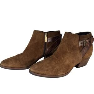 Aquatalia Brown Suede Leather Ankle Boots Buckle Strap Block Booties Size 7.5